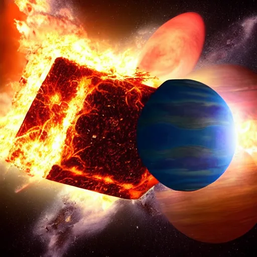 Image similar to Two Cube-Shaped Planets colliding, explosion, space, beautiful, fire