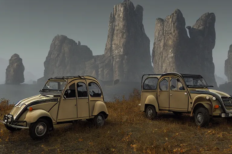 Image similar to offroad citroen 2 cv ( 1 9 6 5 ) of daedric design driving across the rift, daedric axe stored on the side of the car, leather and cloth traveller backpacks on roof, riften city in the background, epic fantasy, autumn, the elder scrolls v : skyrim, dramatic lighting, establishing shot, by simon stalenhag