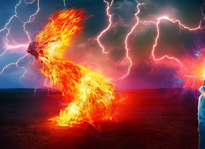 Image similar to burning donald trump as the avatar casting fireballs, colorful hd picure, lightning in the background