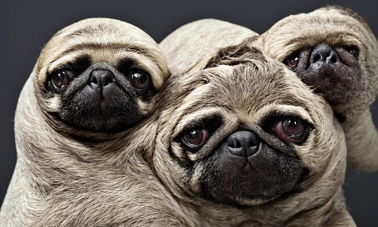 Image similar to sloth cross pug hybrid, chymera, in laboratory panoramic, wide depth of field, 8 k