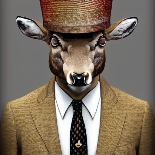 Image similar to a upper body portrait of a deer in a pinstriped suit and pants wearing a fedora with the antlers sticking out of the fedora by artgerm and wlop, intricate detail, digital art, photorealistic, trending on artstation