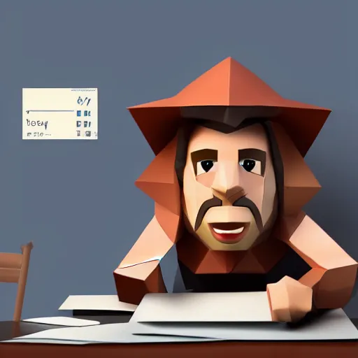 Prompt: low poly, a bewildered dwarf peering over the edge of his desk with only the top half of his face exposed, the desk being covered in sprawling piles of mail, low poly, low poly, low poly