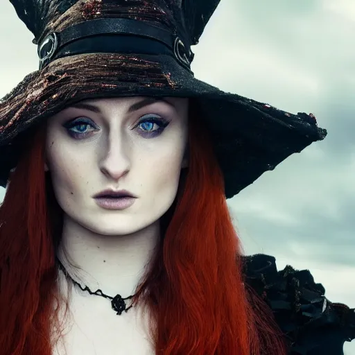 Prompt: sophie turner as a witch, dnd, extreme detail, gorgeous, portrait, beautiful, sharp focus, 4 k, atmospheric, gritty