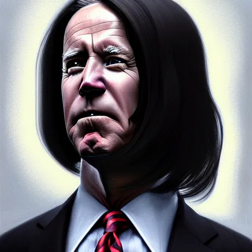 Image similar to portrait painting of joe biden with shoulder length flowing black hair pale skin and beautiful dark brown eyes, ultra realistic, concept art, intricate details, eerie, highly detailed, photorealistic, octane render, 8 k, unreal engine. art by artgerm and greg rutkowski and magali villeneuve