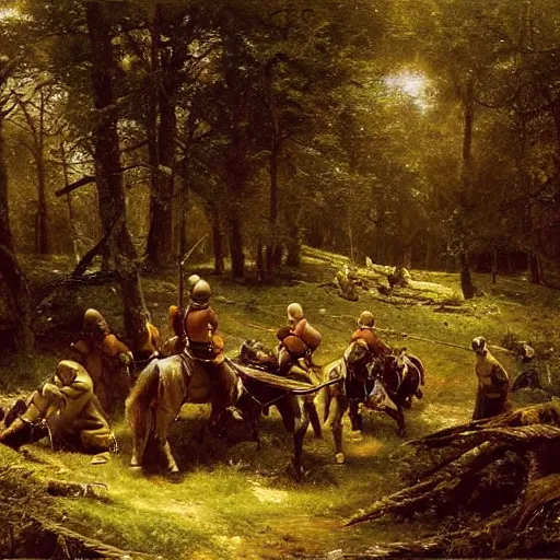 Image similar to a small group of medieval european knights are resting at a small clearing a dark wood along a small stream, highly detailed, digital painting, sharp focus, by alber bierstadt greg rutkowski