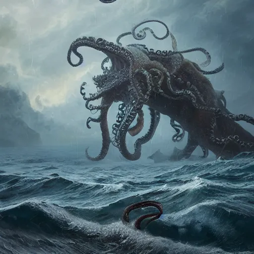 Prompt: a kraken rising out of a stormy sea, au naturel, hyper detailed, digital art, trending in artstation, cinematic lighting, studio quality, smooth render, unreal engine 5 rendered, octane rendered, art style by klimt and nixeu and ian sprigger and wlop and krenz cushart