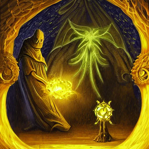 Prompt: hastur, the king in yellow fighting a biblical angel, digital painting, highly detailed