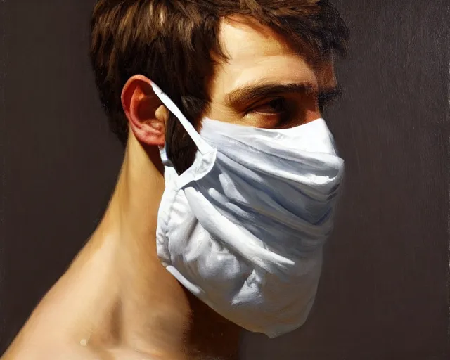 Image similar to masterpiece oil paint of a european young man covering face with fabric mask, trending on artstation, context art, extremely detailed