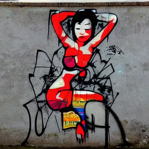 Prompt: abstract rough rugged graffiti art of an asian pinup woman design by bansky