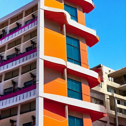 Image similar to colorful pairing of tel aviv bauhaus architecture, portrait