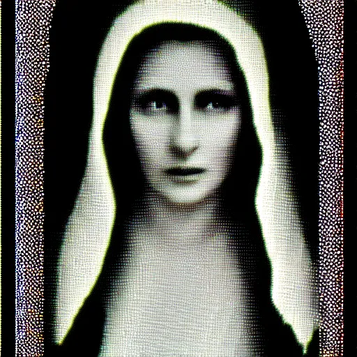 Image similar to vhs static overlay of marian apparition, vhs, 1 9 9 0, highly realistic, highly detailed, vhs noise static, black and white, vhs glitch