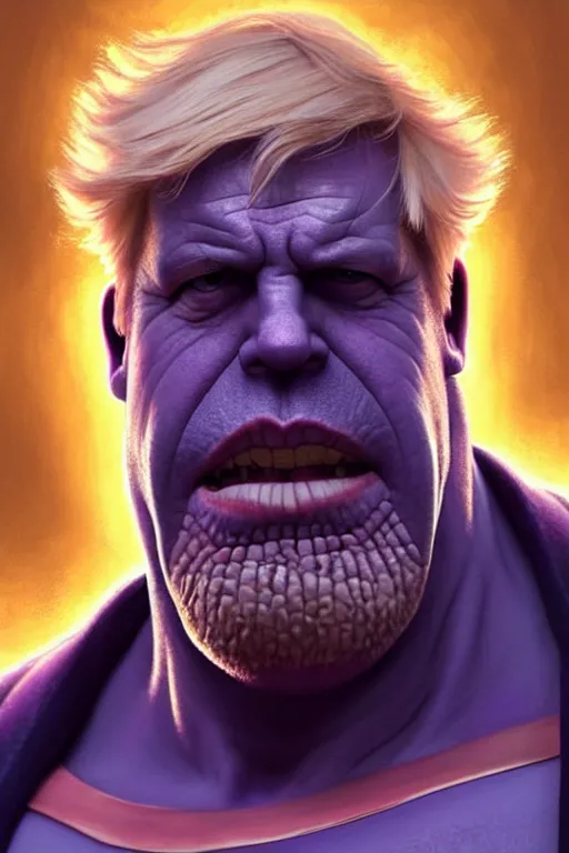 Image similar to Boris Johnson as Thanos, Boris Johnson hairstyle, calm, grumpy, portrait, masculine figure, highly detailed, digital painting, artstation, concept art, smooth, sharp focus, illustration, cinematic lighting, art by artgerm and greg rutkowski and alphonse mucha