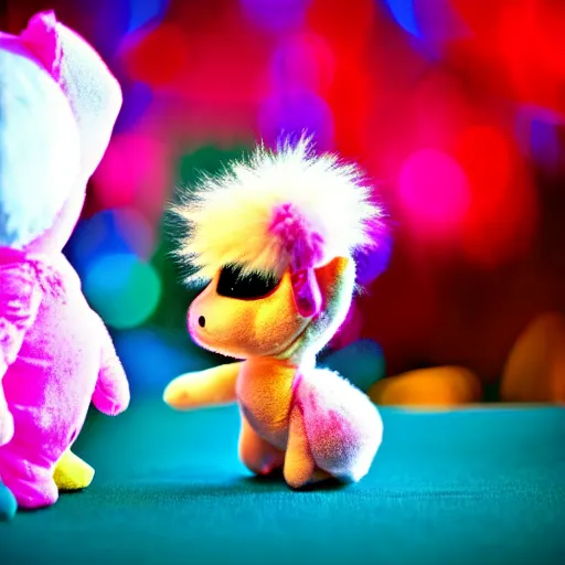 Image similar to lomography long shot of cute plush fluffy chthonic monster made to look like a baby, bokeh background, lsd colors