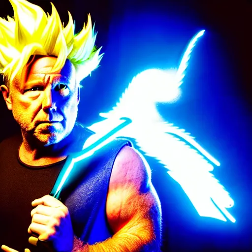 Prompt: uhd candid photo of alex jones as a super sayian, glowing blue, global illumination, studio lighting, radiant light, detailed, intricate costume. photo by annie leibowitz