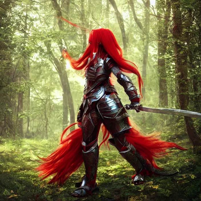 Prompt: a girl with long red hair wearing a red plate armor and hding a big red sword in a forest, 3d render, octane render, unreal engine 5, 8k hdr, hyperrealistic, highly detailed, high quality, concept art, trending on Artstation, fantasy armor