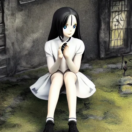 Prompt: Manga cover portrait of Wednesday Addams-chan anime girl sitting elegantly next to her pet crow in a noir Victorian setting, 3d render diorama by Hayao Miyazaki, official Studio Ghibli still, color graflex macro photograph, Pixiv, Daz Studio