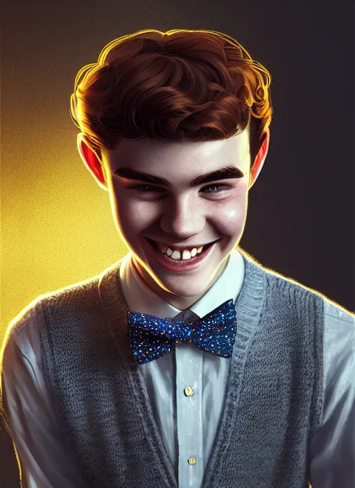 Image similar to portrait of teenage archie andrews, freckles, curly middle part haircut, curly hair, middle part hairstyle, smiling kindly, wearing a bowtie and sweater vest, intricate, elegant, glowing lights, highly detailed, digital painting, artstation, concept art, smooth, sharp focus, illustration, art by wlop, mars ravelo and greg rutkowski