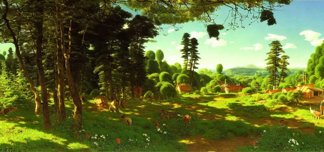 Prompt: ghibli illustrated background of strikingly beautiful swedish farm, the feales and forests in the background by vasily polenov, eugene von guerard, ivan shishkin, albert edelfelt, john singer sargent, albert bierstadt 4 k