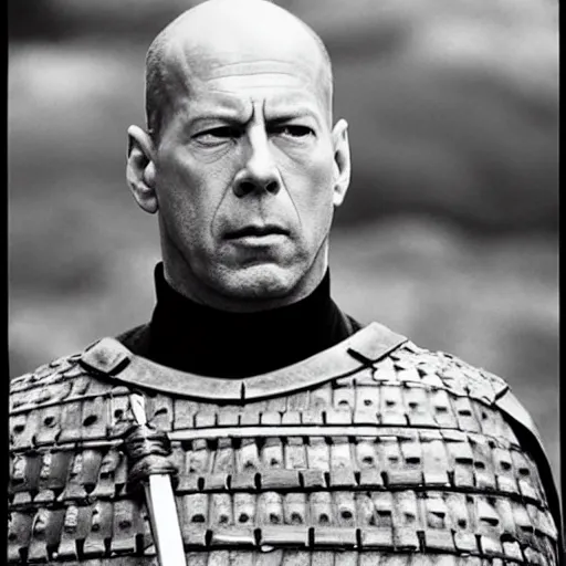 Image similar to Bruce Willis as samurai , film still,