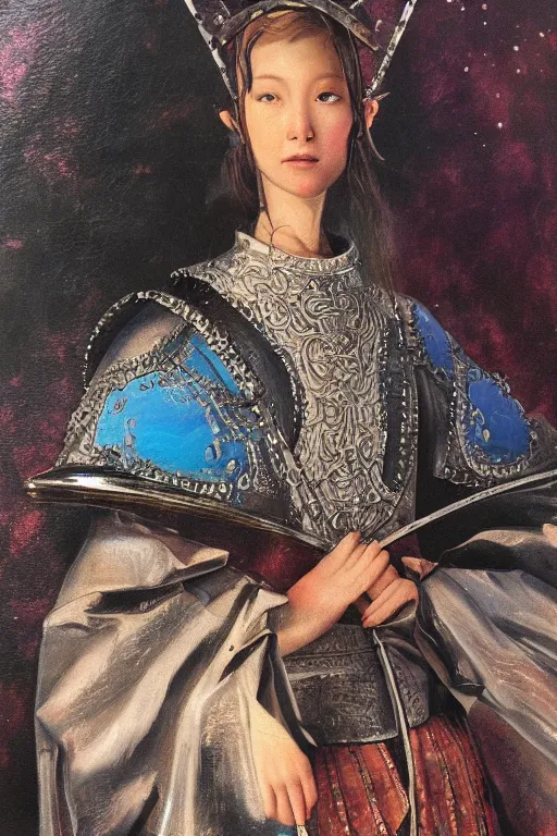 Image similar to hyperrealism oil painting, close - up portrait of caucasian medieval fashion model, knight, steel gradient mixed with nebula sky, in style of baroque mixed with 7 0 s japan book art