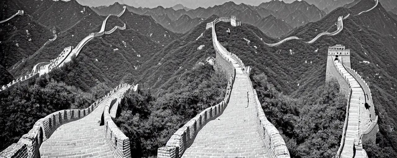 Image similar to spaghetti at the great wall of china, fine detail, canon 5 0 mm, in the style of ansel adams, kodachrome, retro