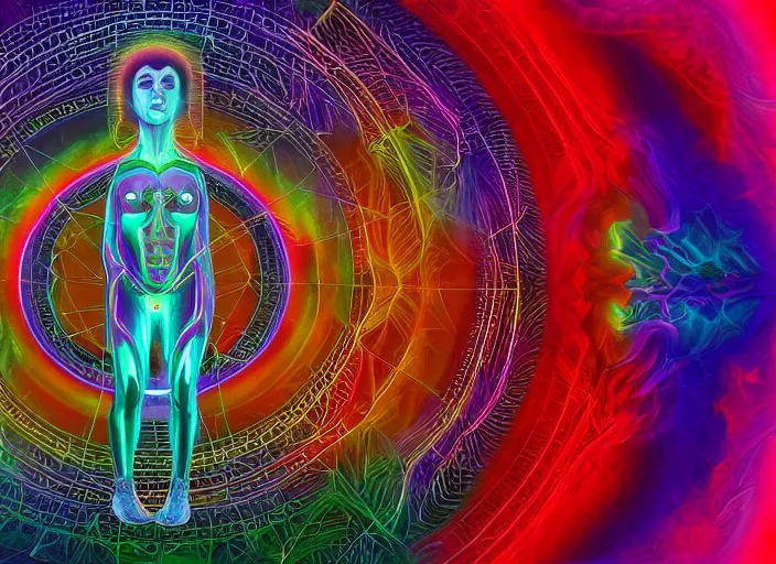 Image similar to trasnformation into transcendence into collaborative intelligence, endless collaboration with ai, connectedness, body, by alex grey, album cover, award winning, beautiful, colorful, volumetric lighting, trending on artstation, cinematic