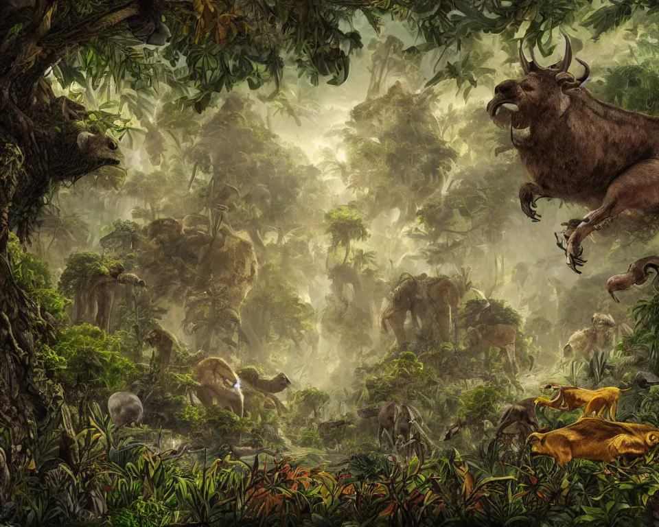 Image similar to the beastlands, megafauna, jungle landscape