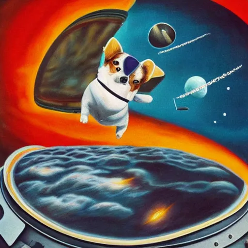 Image similar to surrealist painting of a corgi astronaut floating in outer space