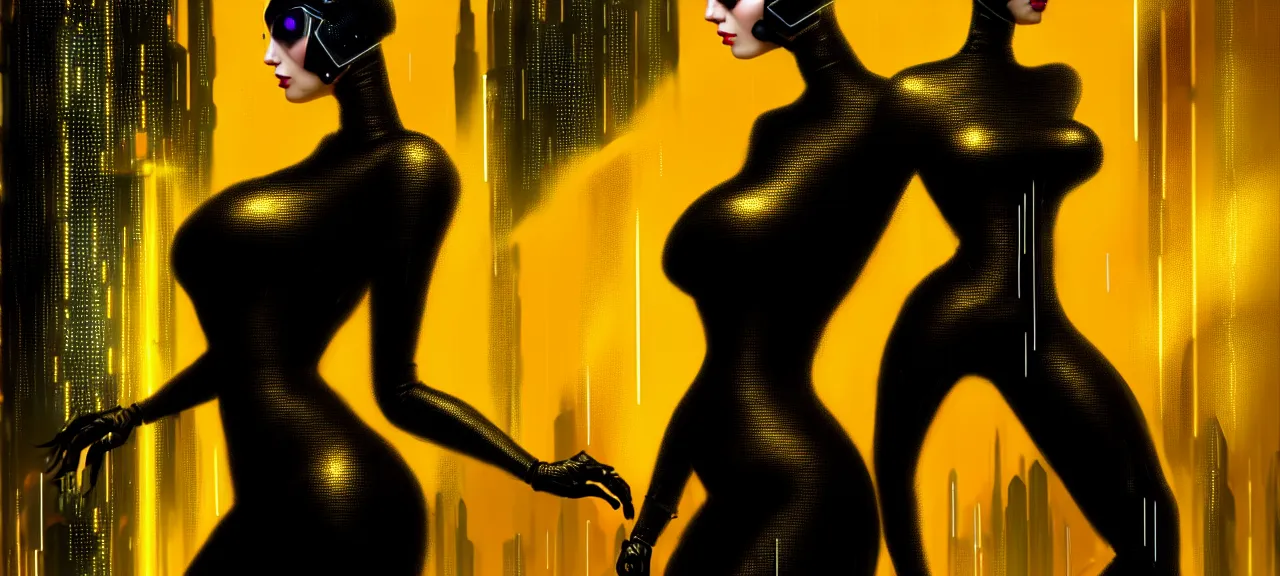 Image similar to beauty woman wrapped in black and gold, full pallet image, Blade runner artifacts, electronic case display, cyberpunk tech, ultrarealistic, futuristic, three point lighting, dramatic lighting, electrical details, high details, 4k, 8k, best, accurate, trending on artstation, artstation, photorealism, ultrarealistic, digital painting, style of Peter Mohrbacher, Caravaggio, Caravaggio, Boris Vallejo, Hajime Sorayama