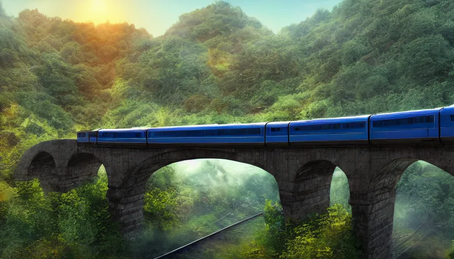 Image similar to futuristic train crossing aqueduct, green hills, matte painting, artstation, sunrise, blue sky