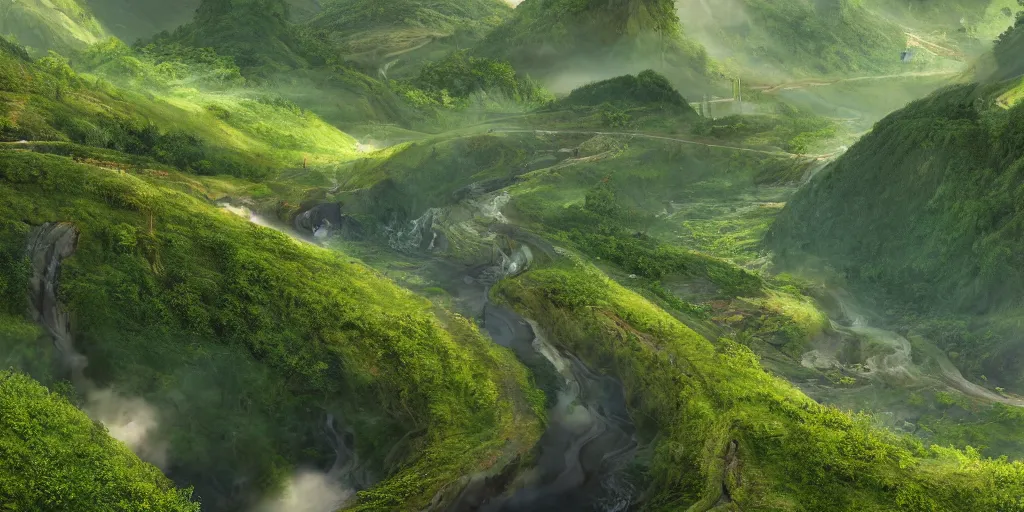 Prompt: a landscape painting of a beautiful lush green high sided valley in summertime, a big industrial complex architecture foundry on the valley side, pipelines, cables, smoke from chimneys, a trickling stream of poisonous water at the bottom of the valley, pollution, toxic slime, toxic air, corona render, matte painting, god rays, volume light, 4 k