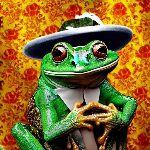 Prompt: a frog wearing a smoking, fancy dressing, studio portrait photo, cover magazine, famous, trending on art station, 8k, 4k, hd,