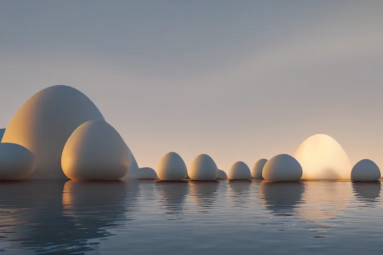 Image similar to 2 0 white round soft egg shaped buildings intersect up and down to form a post - modern building by pierre bernard, on the calm lake, people's perspective, future, interior wood, dusk, unreal engine highly rendered, global illumination, radial light, internal environment