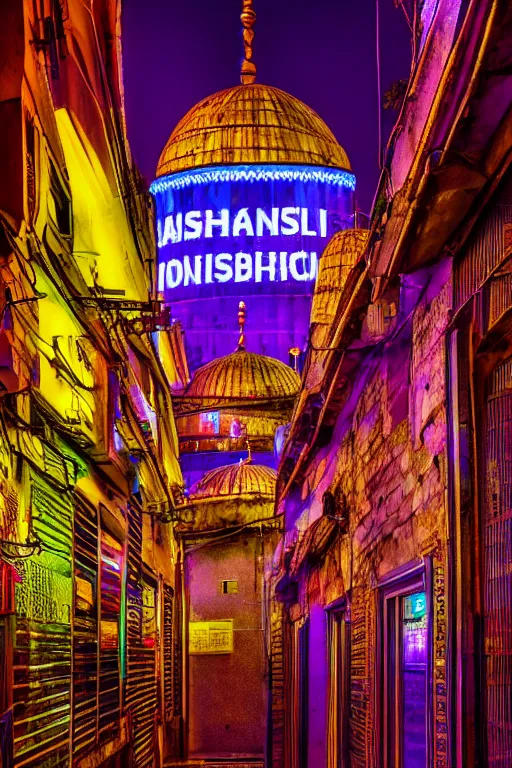 Image similar to neon streets of istanbul mosque, 4 k, award winning photo, cyberpunk style