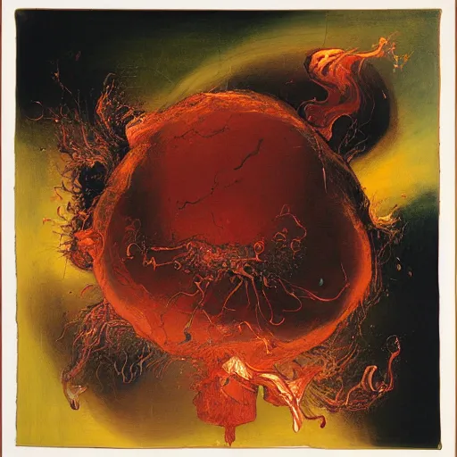 Image similar to a sphere being devoured by abstract splatters of paint in the style of francis bacon, venus being engulfed in flames in the style of james jean, surreal, beksinski, high detailed