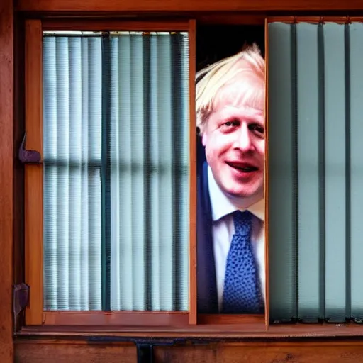 Image similar to a photo taken from the inside of an old house showing window blinds being pulled back to reveal a terrifying boris johnson with his face pressed against the window, boris ’ hand placed on the window, horrifying grin. horror, raining, night time