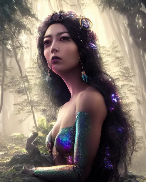 Image similar to beauteous sumptuous dark empress with incredible iridescent pearlescent voluminous hair, photorealistic crystalline masterpiece incrustations, hyperdetailed kind face, elegant pose, movie still, cinematic forest lighting, intricate accuracy, octane render, cgsociety, artgerm, unreal engine, crepuscular rays, god rays