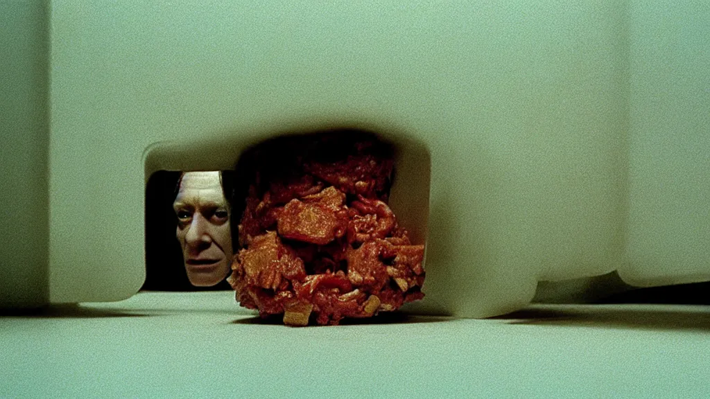 Image similar to the face with the plate of food under my bed, film still from the movie directed by denis villeneuve and david cronenberg with art direction by salvador dali and zdzisław beksinski, wide lens