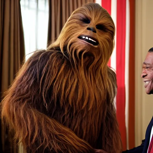 Image similar to high quality photo of chewbacca meeting the president of the united states of america , realism, 8k, award winning photo