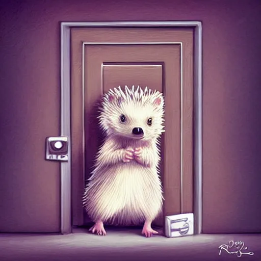 Image similar to cute adorable hedgehog opening the door, waving, smiling, cute, hedgehog, by cyril rolando