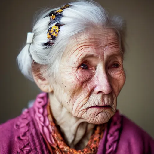 Prompt: The portrait is of an elderly woman. She has wrinkles on her forehead and around her eyes. Her skin is dry and pale, her hair is white and thin, and she has a small mole on her chin. All the pores of the skin are visible. by Mark Mann and Steve McCurry. Rembrandt. Nikon D850. Sigma 85mm F1.4 DG HSM A. Aperture f/3.5. Shutter speed 1/60. ISO 1600