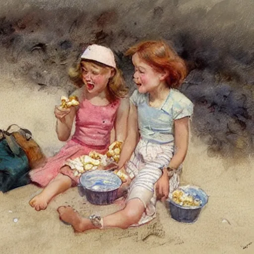 Image similar to (((((1950s girls eating popcorn at the beach . muted colors.))))) by Jean-Baptiste Monge !!!!!!!!!!!!!!!!!!!!!!!!!!!