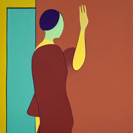 Prompt: A painting of person standing next to a window, abstract painting in the style of Sophie Taeuber-Arp and Gary Hume and Tatsuro Kiuchi, flat colour-block style, geometric abstraction, deep earthy colours
