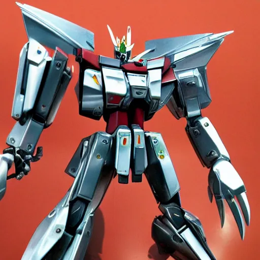 Image similar to chrome mangled gundam wing robot, photoreal