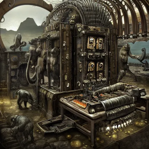 Image similar to Steam computer in ancient time surrounded by apes, highly detailed, highly realistic, artstation, by Hans Giger