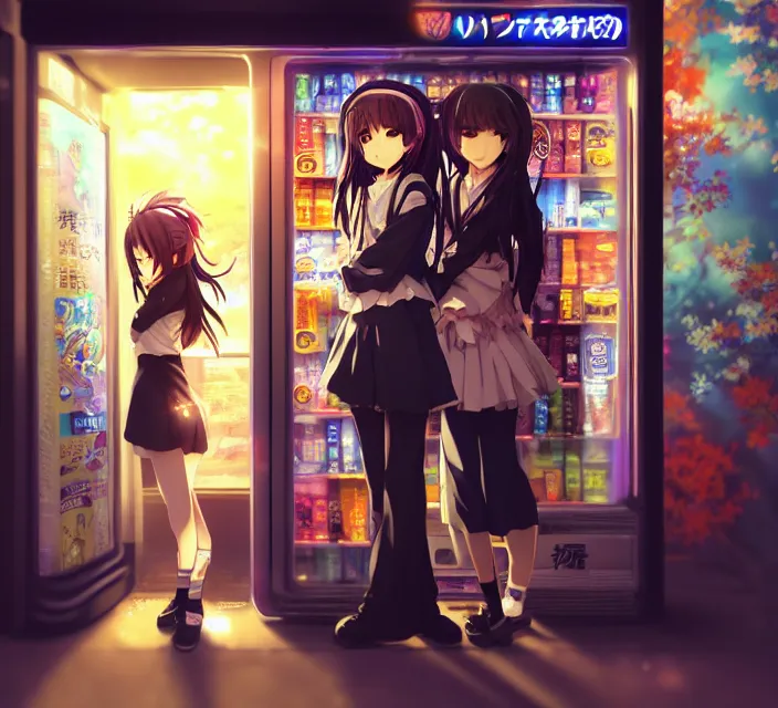 Image similar to Two beautiful anime girls, standing in front of a vending machine outside of a Japanese convenience store, in narrow Tokyo alleyway, gorgeous sunlight and shadows, D&D, fantasy, highly detailed, digital painting, artstation, concept art, sharp focus, illustration, in style of GUWEIZ and WLOP and NIXEU and Craig Mullins, Production I.G.