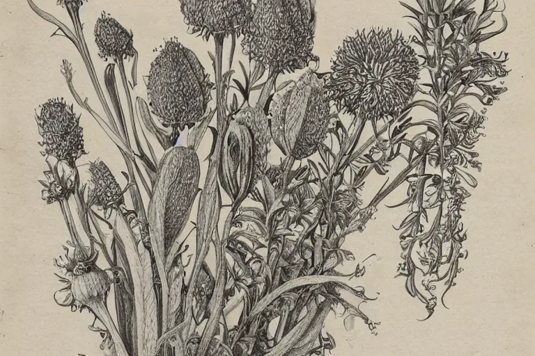 Image similar to botanical drawing of alien flora, sketchy, aged paper, intricate details, labelled