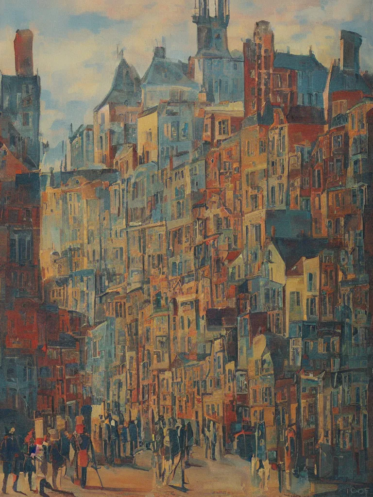 Image similar to a colorful painting of a cityview in the style of Raymond Heere, kleurrijke stadsgezichten