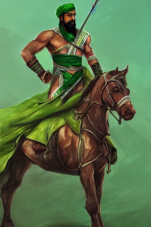 Prompt: arabian warrior, with green turf and flag, realistic, sketch and art by jacqueline e, color by bo feng lin