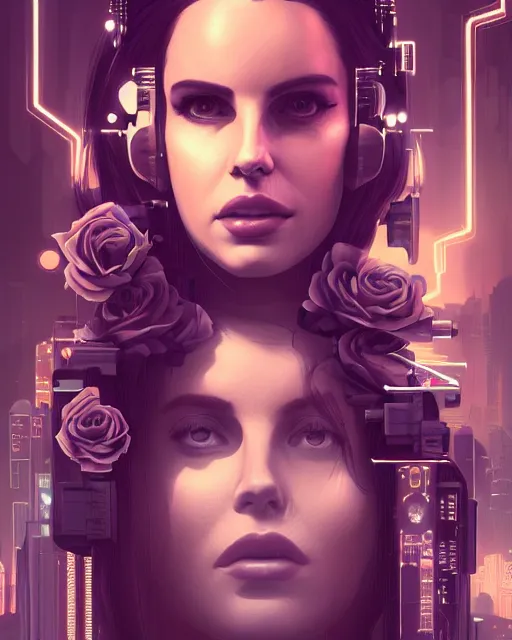 Prompt: portrait of lana del rey as a cyberpunk cyborg. roses, sci - fi, missing panels, intricate abstract, upper body, intricate artwork, by tooth wu, wlop, beeple, dan mumford. concept art, 8 k octane render, deviantart, greg rutkowski, cinematic, key art, hyperrealism, iridescent accents